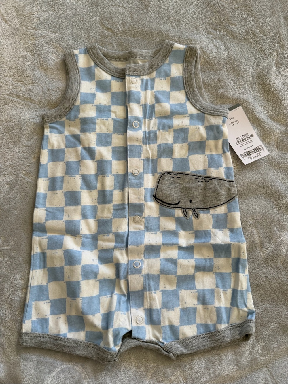 Carter's Blue and White Check Whale Romper